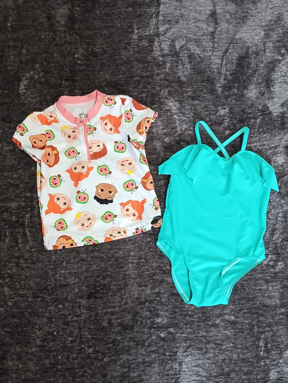 2pc Swimsuit bundle CoComelon Rashguard, Old Navy Turquoise one piece size3T